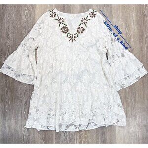 Velzera Sz 2XL White Lace Brown Floral Embroidered Bell Sleeve Shift Tunic Dress